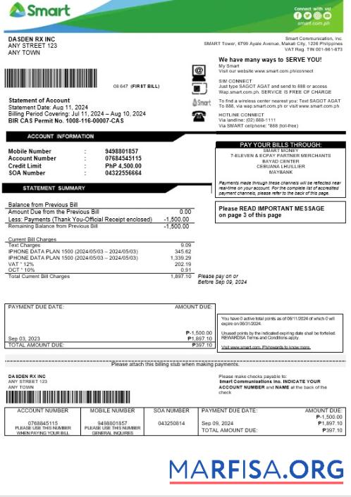 Blank Philippines Smart business utility bill Word and PDF template